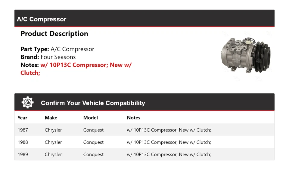 Compresor de aire acondicionado Chrysler Conquest 1987-1989 4 estaciones 1988 Foto 2 de 4