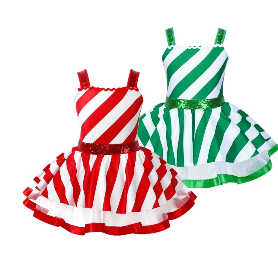 Niños Niñas Lentejuelas Rayas Navidad Tutú Leotardo Vestido Conjunto Disfraz de Baile Foto 3 de 3