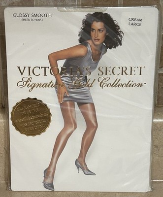 NEW CREAM VICTORIA S SECRET SIGNATURE GOLD GLOSSY SMOOTH STW PANTYHOSE LARGE