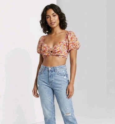 Wild Fable Puff Sleeve Crop Top Sz M Floral Colorful Print Lace Up Back Boho 