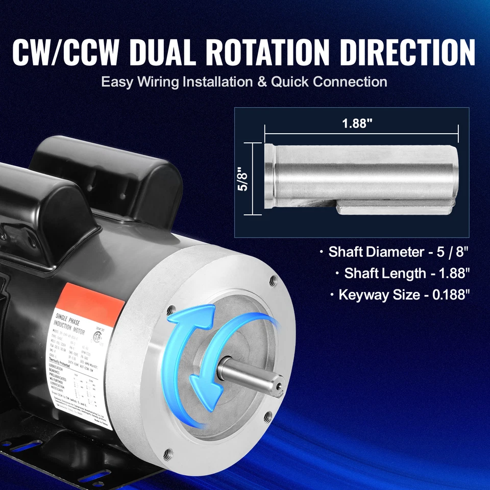 2HP Electric Motor 1725RPM AC 115V/230V 56C Frame 1-Phase 5/8" Keyed Shaft - Image 4 of 4