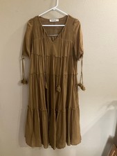 Three Bird Nest Boho Tiered Midi Dress Camel Brown Tassel Tie Small
