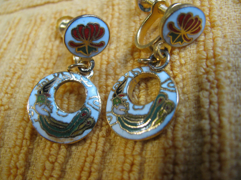 Vintage Japanese Cloisonné Necklace Earrings Pin Dragon Phoenix Flower ...