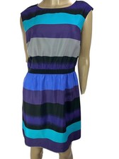 Loft Dress Sz MP Black, Purple ,Blue, Gray Wide Stripes Stretch Waist Sleeveless