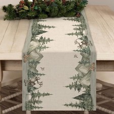Winter Forest Reindeer Pine Tree Table Runner 13x72 Inch Christmas Holiday Decor