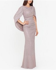 Betsy  Adam Women's Glitter Drape-Back Cape Gown Stretch Blush Pink Gold Sz 16