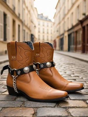 Men Chain Black Faux Leather Bands Boots 2 Straps Native American Coin Charms