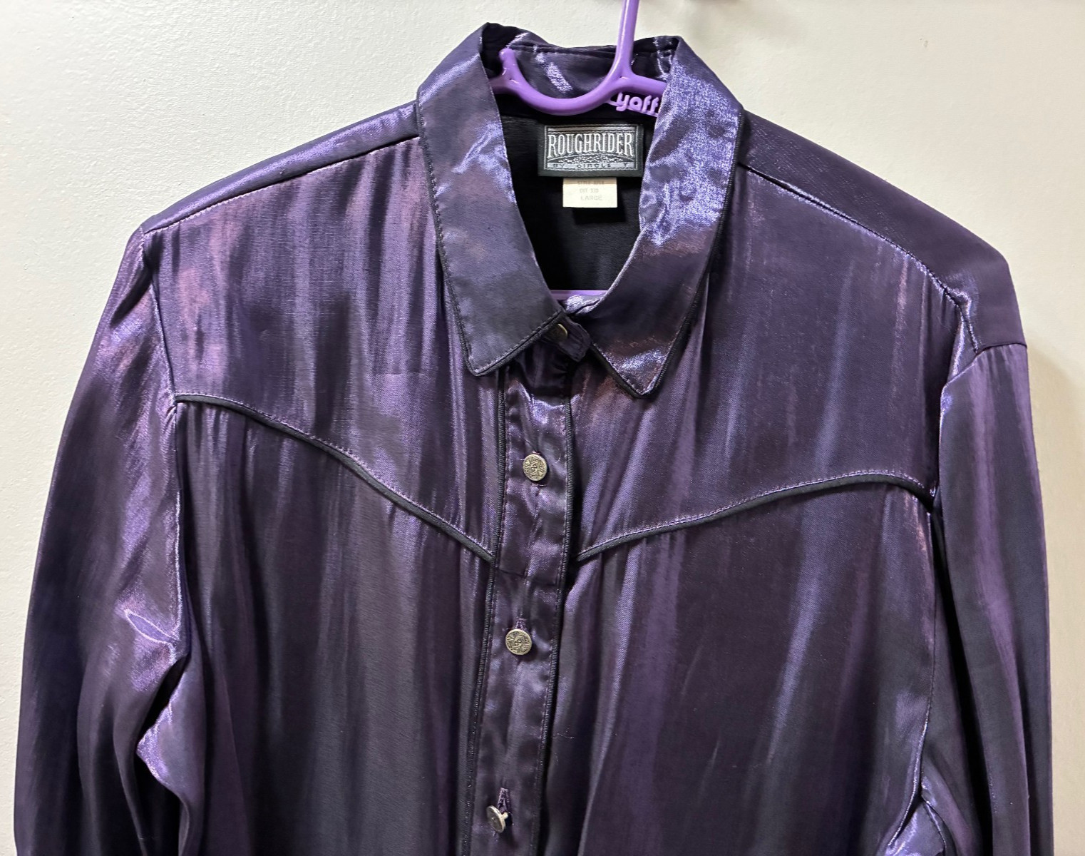 WOMENS LARGE PURPLE ROUGH RIDER BUTTON UP WESTERN SHOW SHIRT