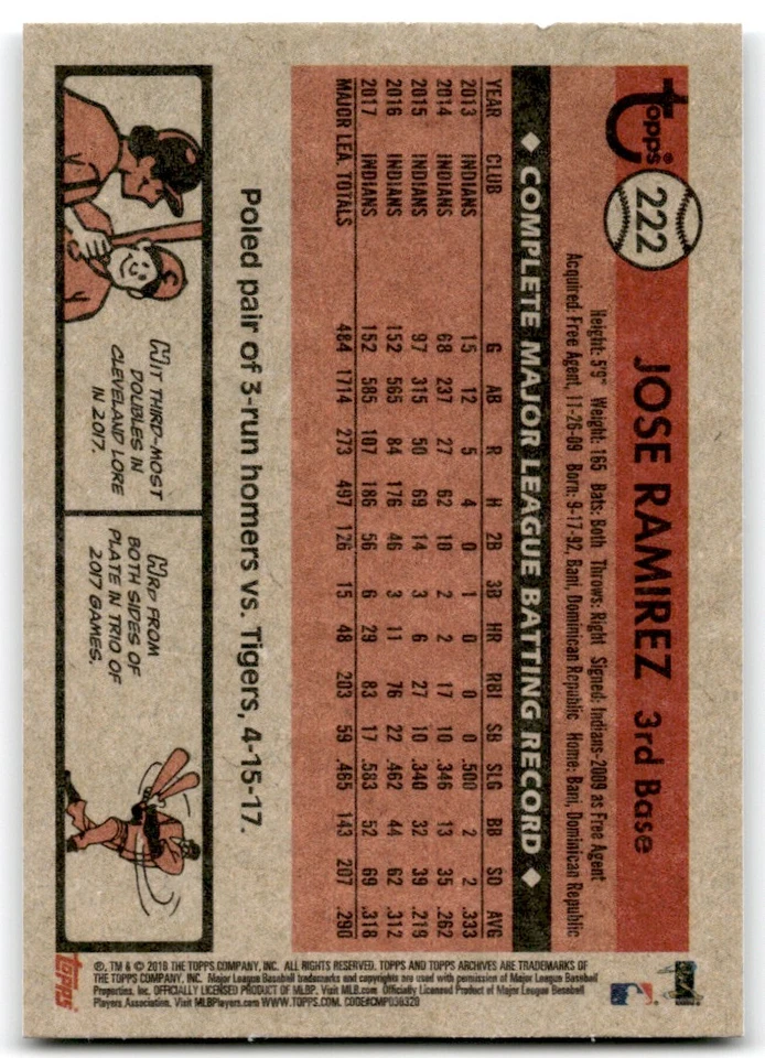 2018 TOPPS ARCHIVES JOSE RAMIREZ CLEVELAND INDIANS #222 - Image 2 of 2