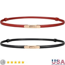 Ultra Slim Women's Faux Leather Belt W/ Chic Gold Buckle Adjustable Fit 2 Pack