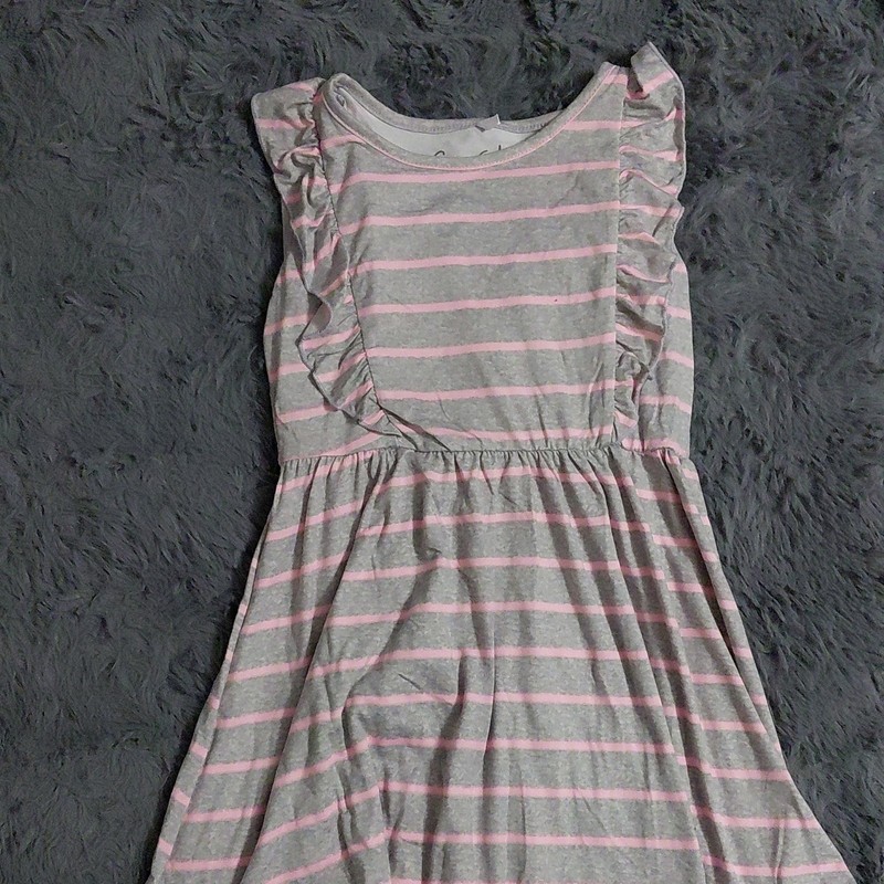 Gray Pink Striped Knit Sundress Girls Sleeveless Knee Length Ruffle Round Neck
