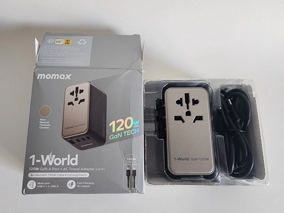 Adaptador de viaje de CA Momax 1-World 120W GaN 4 puertos UA15 USB-C USB-A cargador rápido Foto 2 de 4