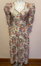 VTG 80s 90s Multicolor Floral lace collar puff slv DropV waist Cottage dress 4