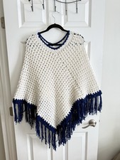 Vintage Crochet Poncho White  blue