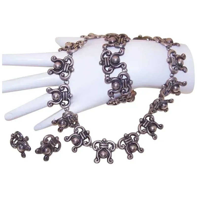 Made in Mexico Mexican Sterling Silver Jewelry Set - Necklace Bracelet Earrings