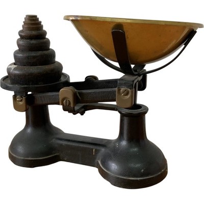 Vintage Black Cast Iron Balance Scale With Brass Weights and Bowl Collectable