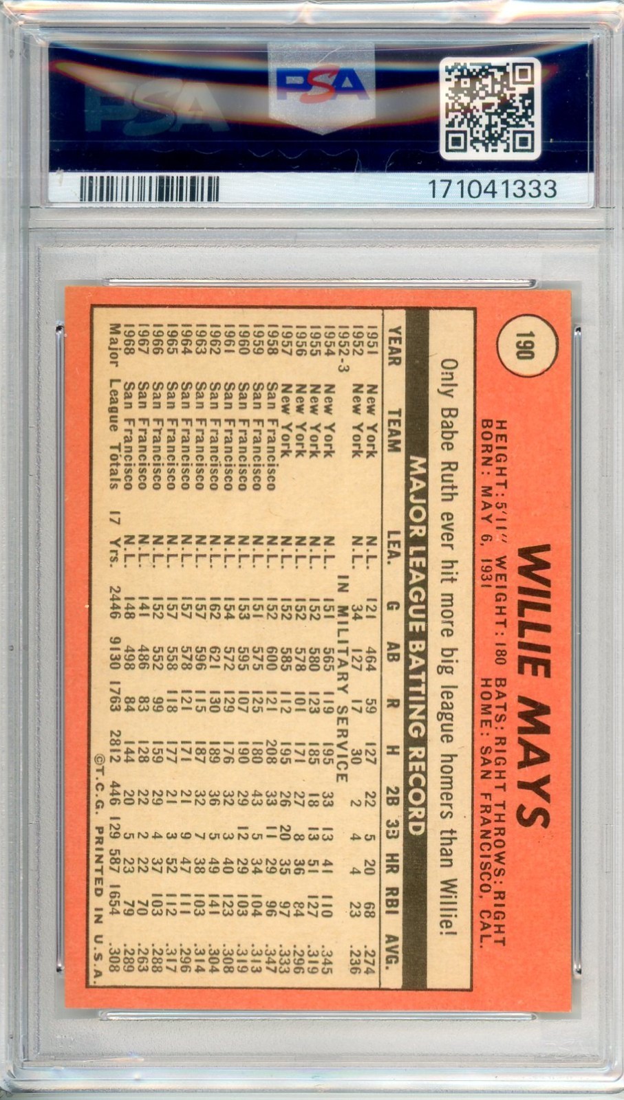 1969 Topps WILLIE MAYS #190 PSA Grade 8 NM-MT Cond "Just Graded NO RESERVE" view 2