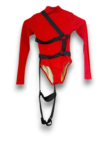 Casually Yours Dancewear Red Black Bodysuit Dance Costume Harness Strap