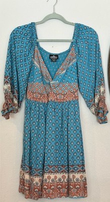 Angie Boho Patchwork Mini Dress Medium Blue Turquoise Bell Sleeve Festival Chic