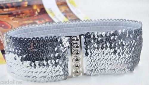 *UK Shop* SEQUIN SILVER STRETCH ELASTIC WIDE BELT WAISTBAND CORSET PAILLETTE NEW - Picture 5 of 5