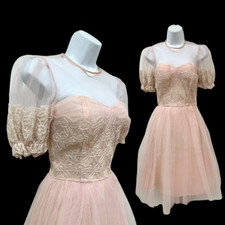 Vintage 1950s Tulle Baby Pink Puff Sleeve Dress with Floral Appliqu