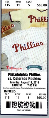 Colorado Rockies vs Philadelphia Phillies 8/13/2016 Ticket Citizens Bank Park
