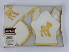 Vintage Gingham Four Piece Baby Layette Gift Set New In Package Fawn Deer Yellow