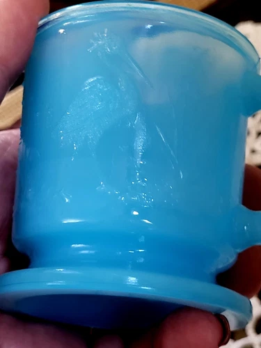 Vintage Boyd Art Glass 2.5" Child's Mug Cup Blue Opaline with Stork Peacock