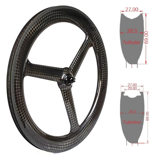 700C Carbon 3 Spoke Wheelset TT Road Track Bike Tubeless Tubular Rim 27mmx69mm - Picture 2 of 14