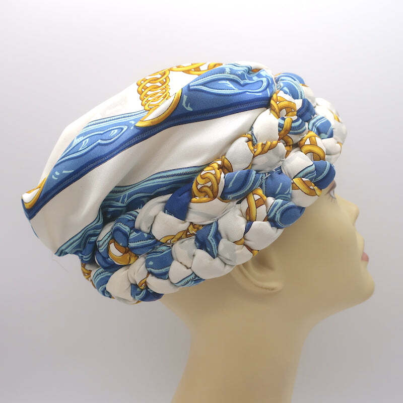 Vintage Hermes Braided Silk Twill Turban Hat Cream/Blue/Gold