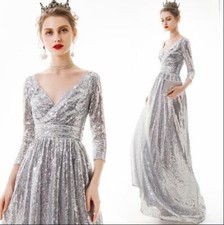 Gorgeous V Neck Short Sleeve Silver Paillette Evening Dresses Banquet Prom Gown