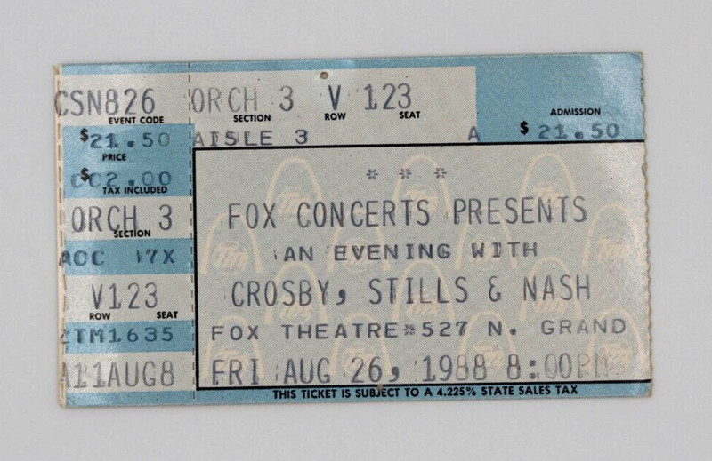 Crosby, Stills & Nash Concert Ticket Stub Aug 26, 1988 Fox Theatre St. Louis, MO