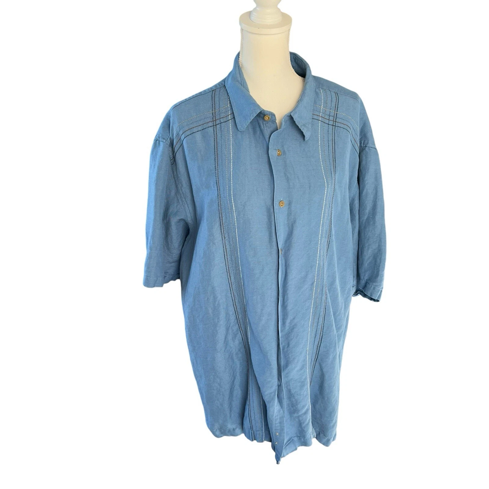 VTG y2k Van Heusen studio washable linen blue buttondown shirt men size xl 17