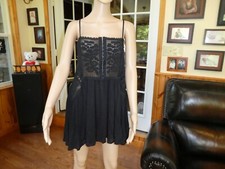 Free People~Black Embell. Spag. strap Tunic~M~Semi-sheer~Crochet~N/W/T & flaw