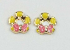 Solid 14k Yellow Gold Baby Enamel Flower with Butterfly Screw Back Earrings