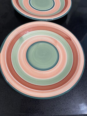Pier Handpainted Italy Green Coral Rust 8” Dessert/ Salad Plates set of