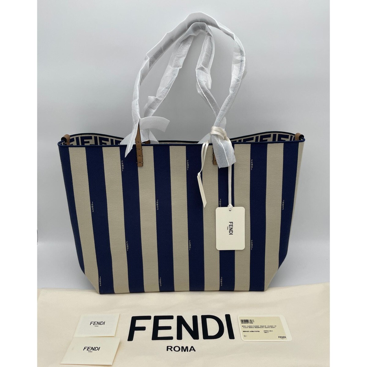 $1950 FENDI LARGE NAVY STRIPED FF LOGO REVERSIBLE TOTE BAG