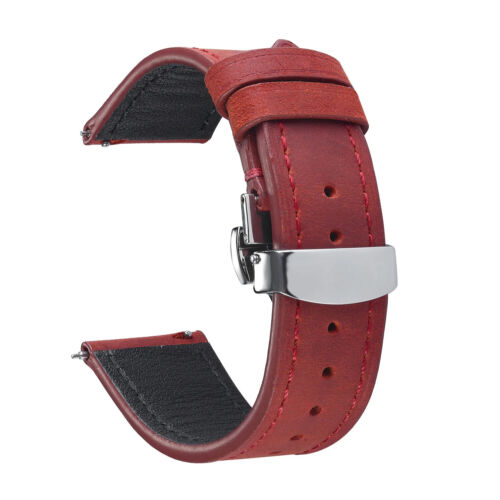 Retro Genuine Leather Strap 18 19mm 21 22 24mm Butterfly Buckle Watch Band 20mm - Picture 14 of 21