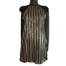 Revolution Black Gold Dance Costume Open shoulder mini dress NWOT