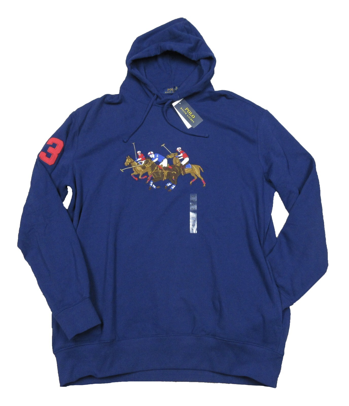 Felpa con cappuccio pullover grafica Polo Ralph Lauren uomo grande e alta blu navy triplo pony