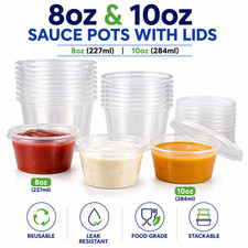 Round Food Containers with Lids - Clear Plastic Tubs for Sauce Pots 8oz/10oz