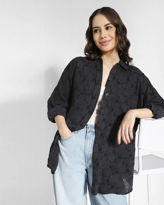 American Eagle Go Big Oversized Black Eyelet Lace Burton Down Shirt Women s M
