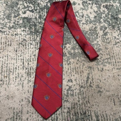Vintage Chi Phi Fraternity Men's Silk Necktie Red Blue Striped Gold Crest Logo