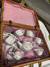 Mattel Barbie 2005 Ceramic Tea Set In Wicker Basket