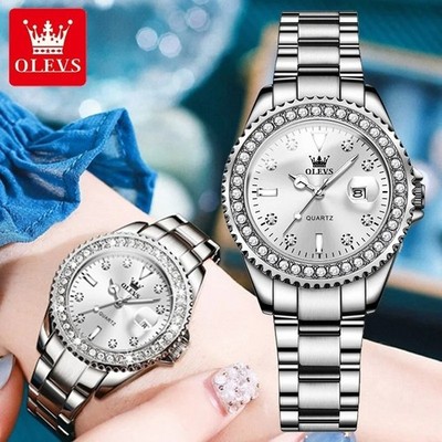 OLEVS Damenuhr Luxus Quarz Edelstahl 34mm Wasserdicht Elegant
