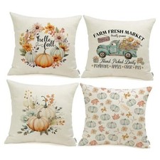 Set of 4 Fall Pillow Covers 18 x 18 Linen Pillow Covers with Blue Pumpkin