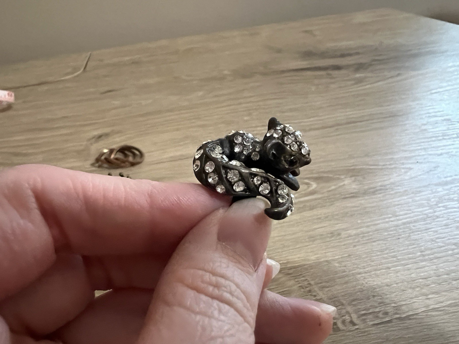 Rhinestone Squirrel Ring Adjustable Gunmetal Wood… - image 1