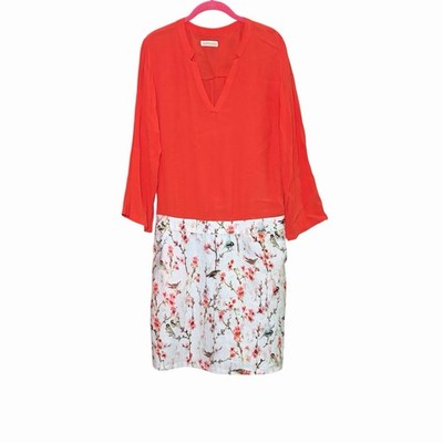 La Petite Etoile Floral Bird Drop Waist Dress Coral Pink Long Sleeve L