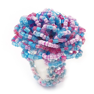 Großer Stretchring mit bunten Glasperlen und Blumen (hellblau & rosa)