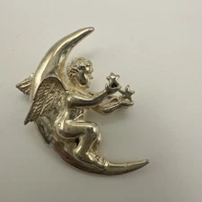 Sterling Silver 925 Crescent Moon Cherub Pin Brooch Angel Wings Stars Figural